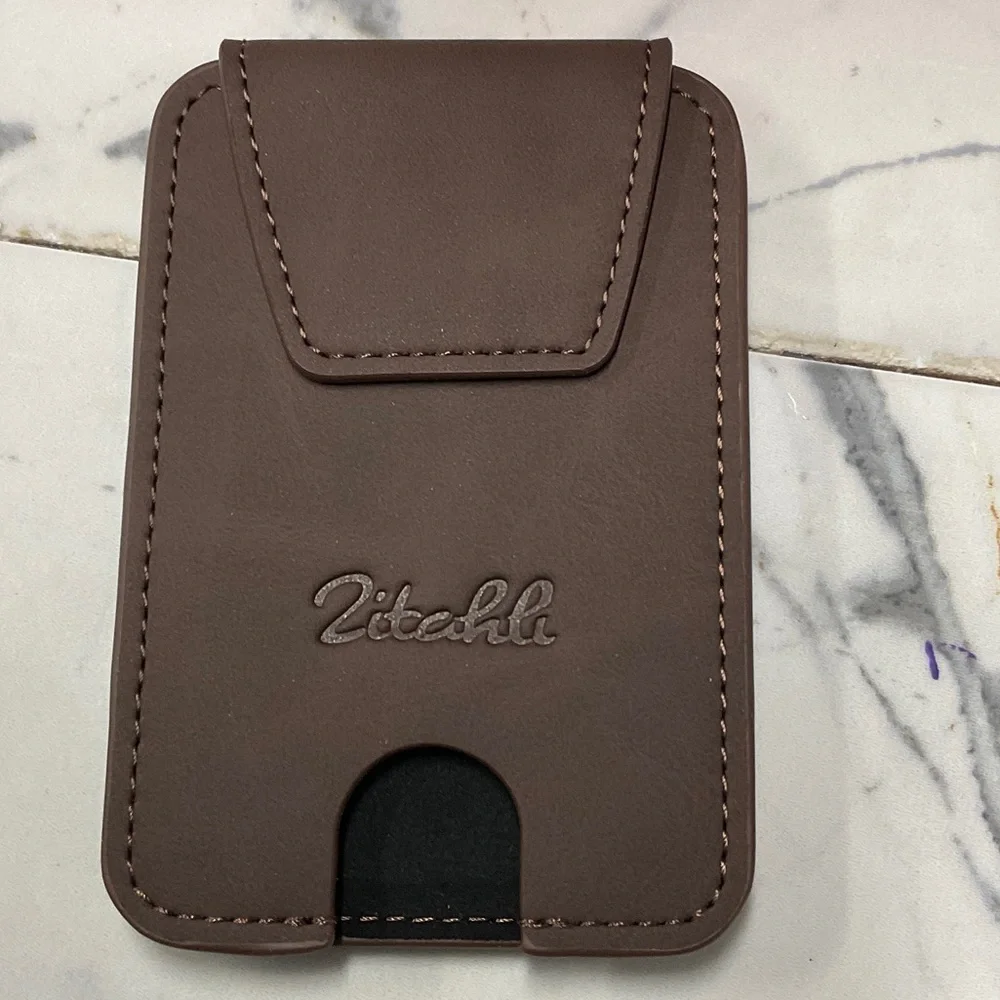 Brown Leather Magnetic Card Holder for Cell Phones